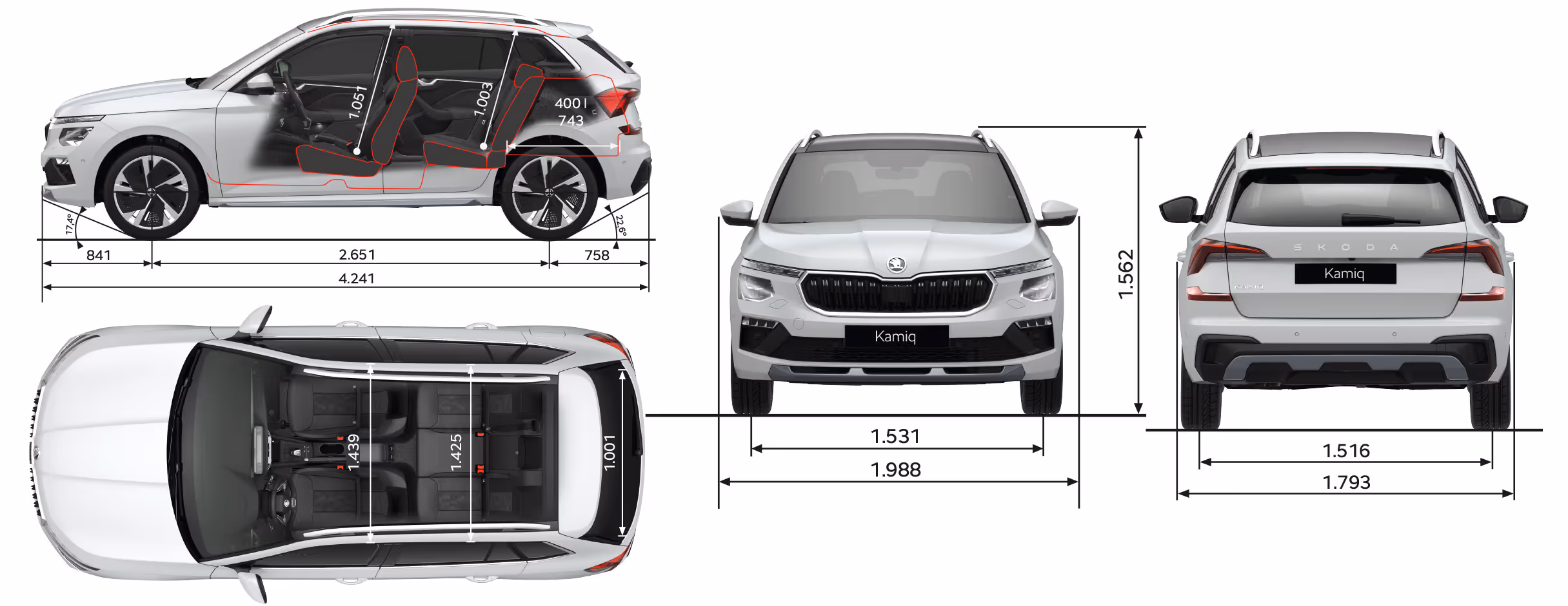 Grafische Darstellung des Škoda Kamiq in der Lackierung Candy-Weiß aus viererlei Perspektiven: Front-, Heck und Seitenansicht sowie Vogelperspektive. Die Abmessungen des Fahrzeugs werden in den verschiedenen Abbildungen dargestellt.