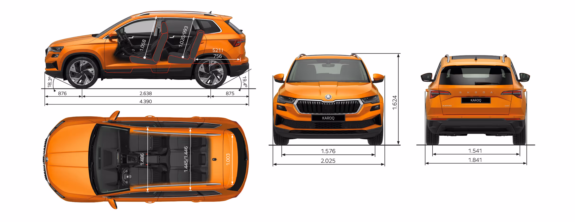 Grafische Darstellung des Škoda Karoq in der Lackierung Phoenix-Orange Metallic aus viererlei Perspektiven: Front-, Heck und Seitenansicht sowie Vogelperspektive. Die Abmessungen des Fahrzeugs werden in den verschiedenen Abbildungen dargestellt.
