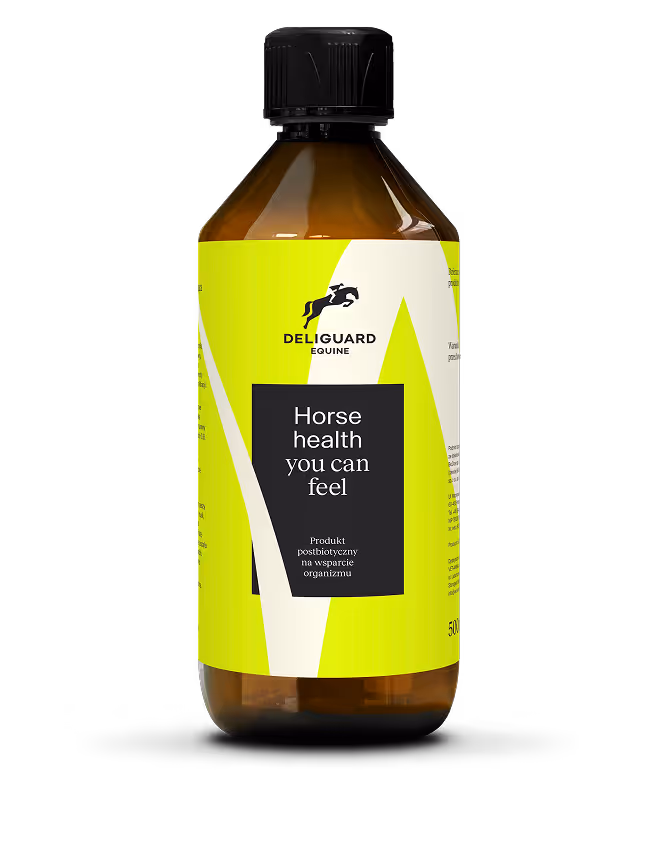 Brown bottle with a black cap labeled 'DeliGuard Equine' and 'Horse health you can feel' on a bright yellow and white background.