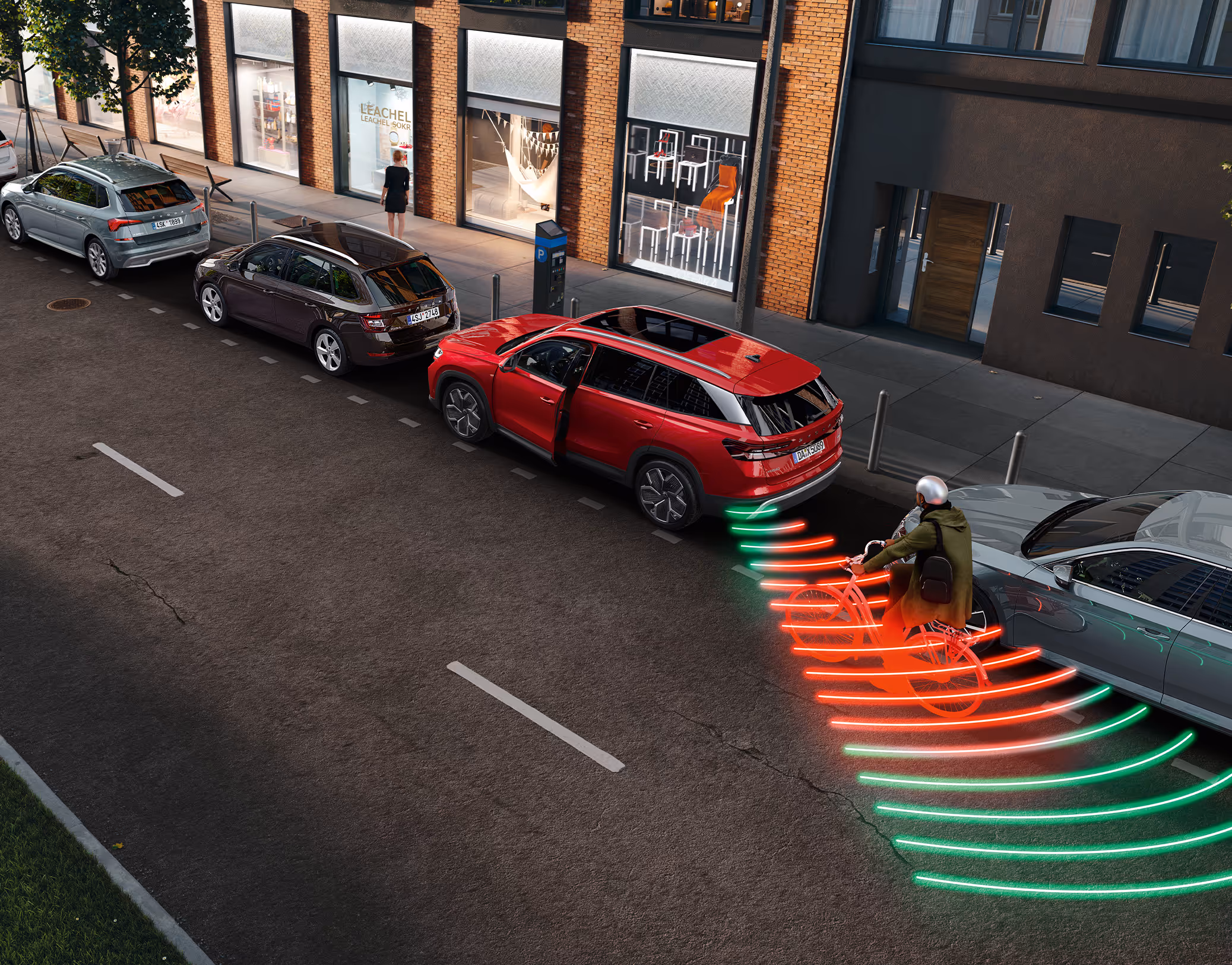 Animation des Ausstiegswarners: Ein roter Škoda Kodiaq steht am Straßenrand. Rote Warnsignale werden projiziert, da sich von hinten ein Fahrradfahrer nähert und eine Kollision beim Öffnen der Tür droht.