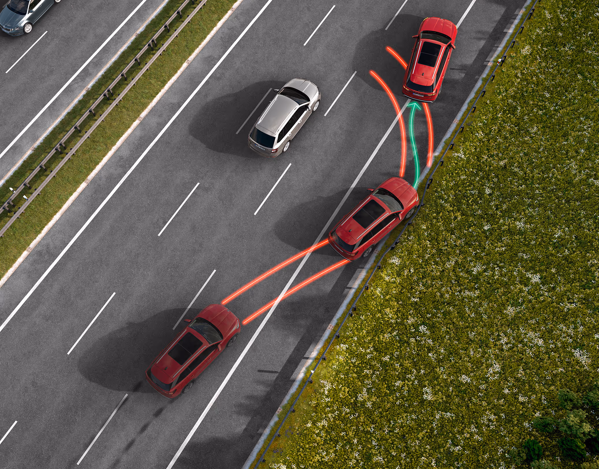 Animation der Multikollisionsbremse: Ein roter Škoda Kodiaq droht nach einer Kollision unkontrolliert auf eine andere Fahrspur zu geraten. Leuchtende rote Linien visualisieren die gefährliche Bahn, während eine grüne Linie den Eingriff der Multikollisionsbremse darstellt. Das System bremst das Fahrzeug automatisch ab und bringt es sicher zum Stehen, um eine Folgekollision zu verhindern.