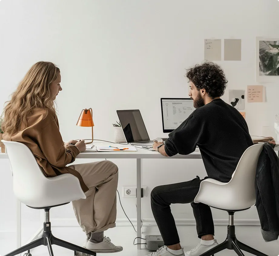Launchist team members meeting and working together at a desk