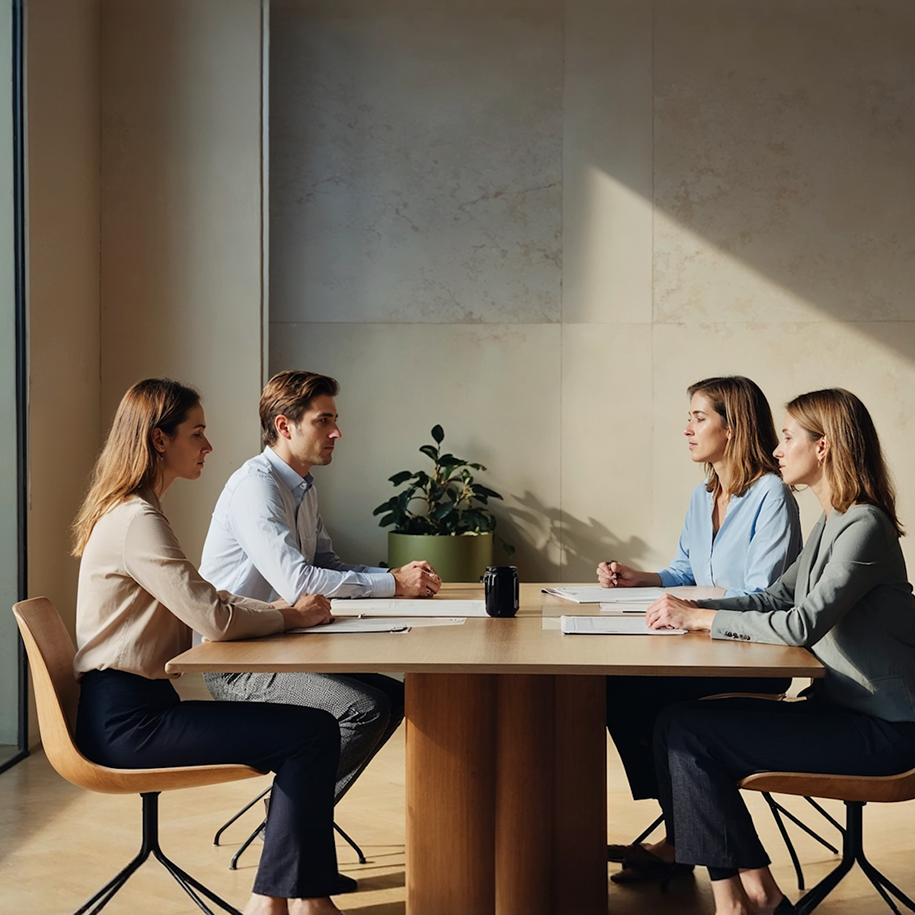 Launchist team members meeting and working together at a desk 