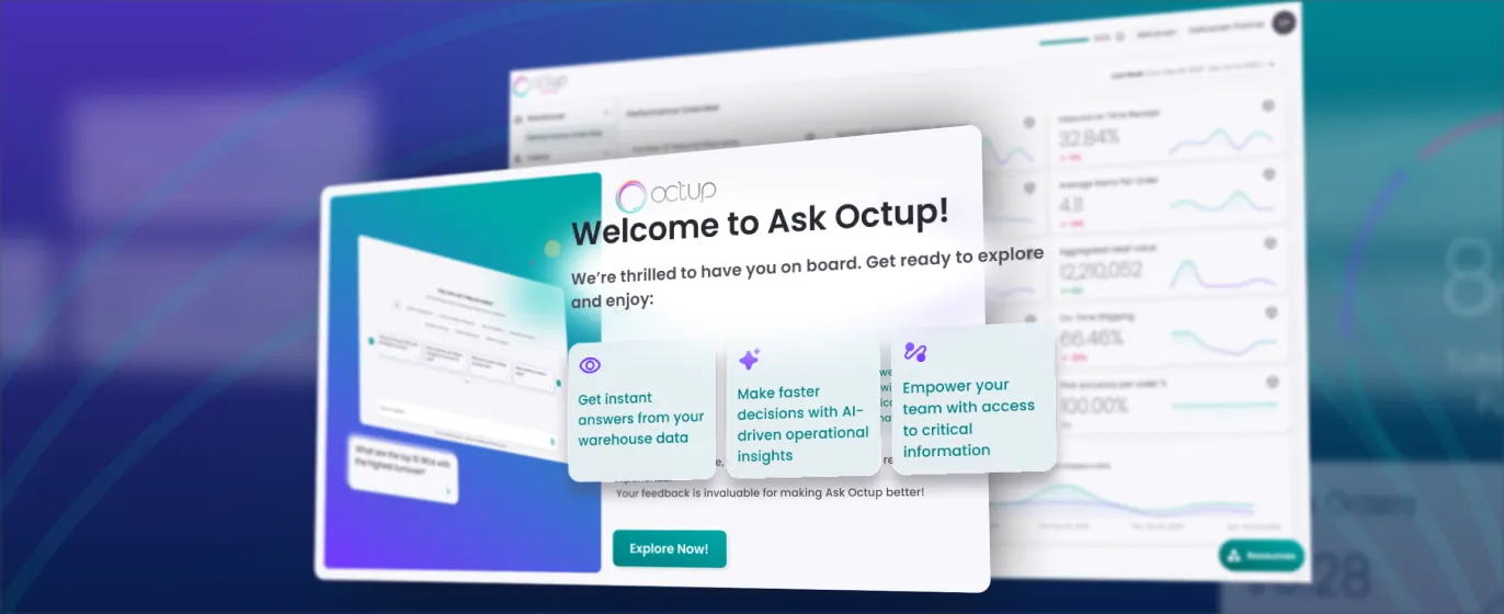 Welcome message from Ask Octup highlighting benefits like instant warehouse data answers, AI-driven insights, and team empowerment with access to critical information.