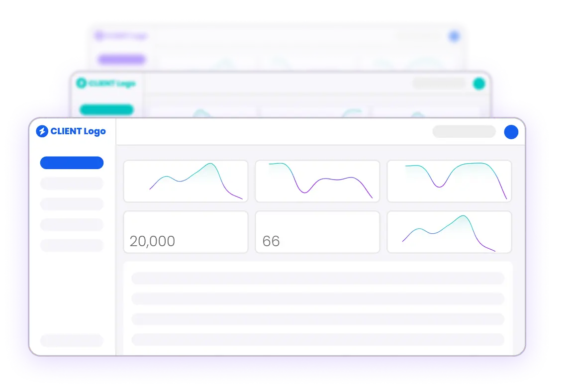 Three layered web dashboard interface with CLIENT Logo, displaying graphs and statistics including values 20,000 and 66.