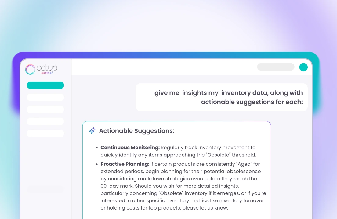 A software interface showing a request for actionable insights on inventory data with suggestions for continuous monitoring and proactive planning to manage obsolete products.