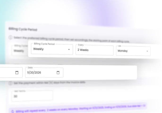 User interface showing billing cycle settings with Weekly period, every 2 weeks on Monday, and date fields set to 11/12/2025 and 11/20/2026.