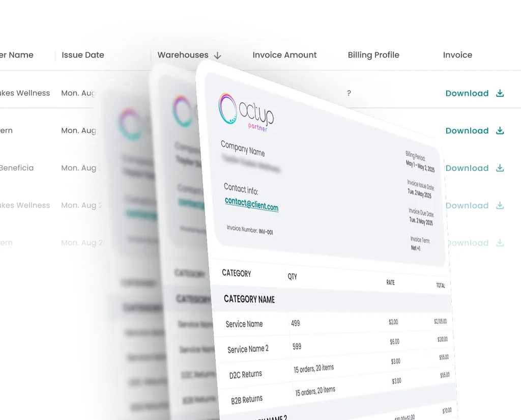 Digital invoices displayed in a layered, three-dimensional view showing billing details for Taylor Dukes Wellness.