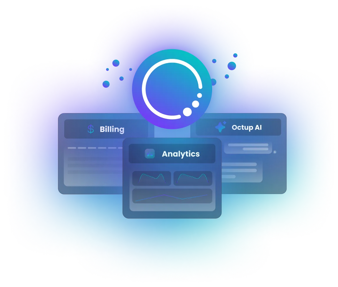 Abstract digital dashboard with Billing, Analytics graphs, and Octup AI modules beneath a circular logo.