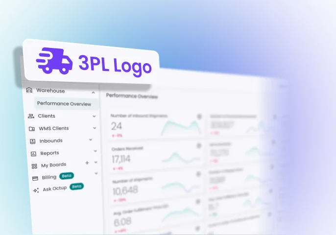 Dashboard interface for 3PL software showing warehouse performance overview with metrics and graphs.