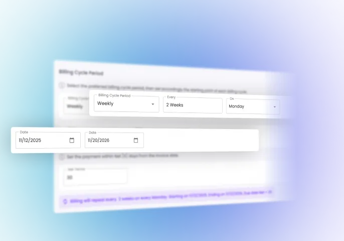 User interface displaying billing cycle options with dropdowns for Weekly, Every 2 Weeks, and Monday, plus date fields for 11/12/2025 and 11/20/2026.