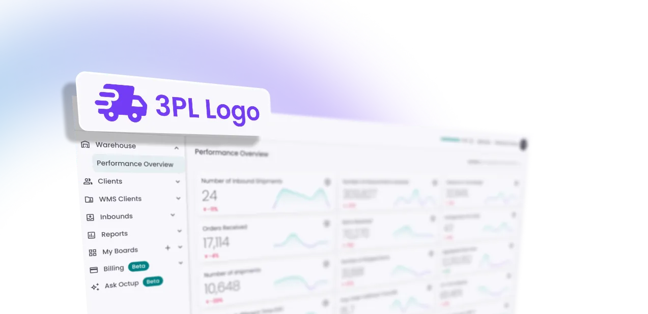 Dashboard interface displaying warehouse performance metrics with a purple delivery truck icon and text '3PL Logo' on a blue to purple gradient background.