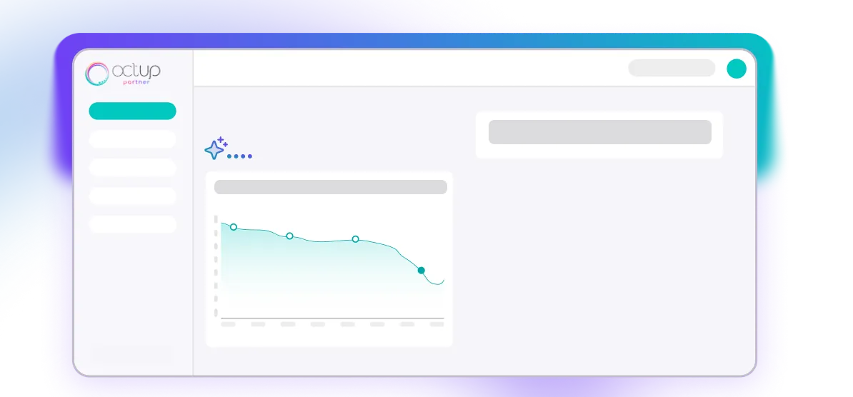 Dashboard interface with a downward trending line graph on the left and a logo labeled 'octup partner' on the sidebar.