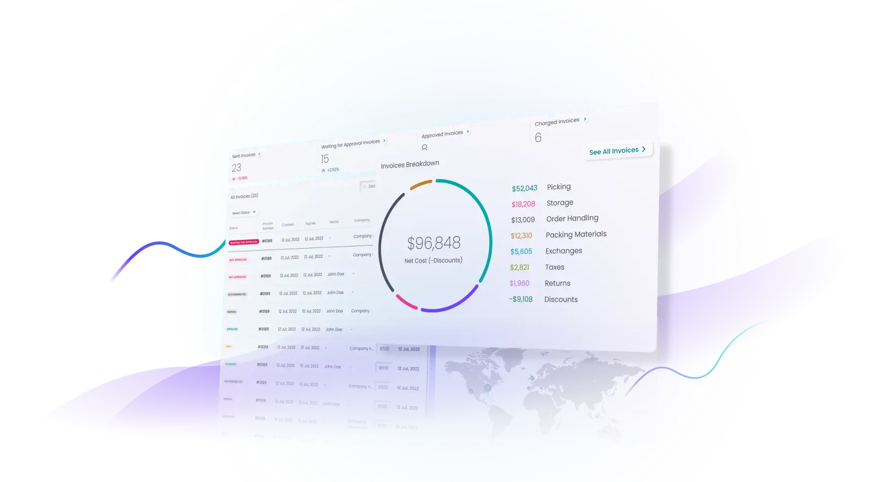 Dashboard showing invoice statistics with a circular chart breaking down net cost by categories like picking, storage, and discounts, alongside a map and invoice list.