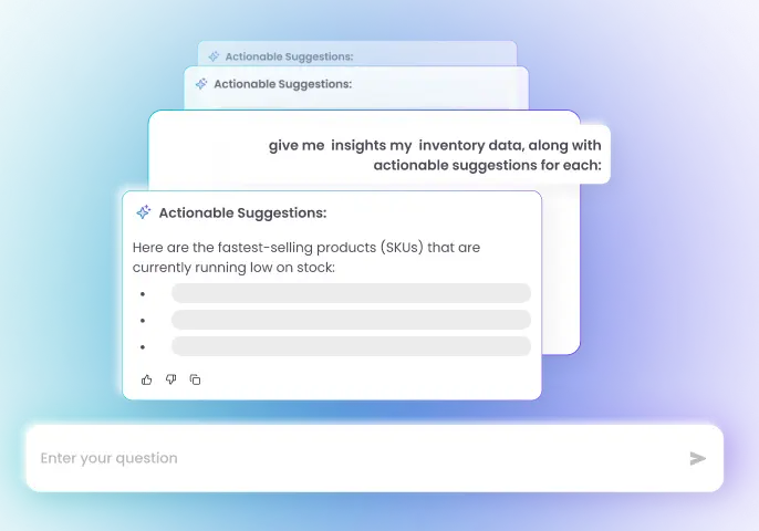 Chat interface showing a request for insights on inventory data with actionable suggestions and a response listing fastest-selling products low on stock.