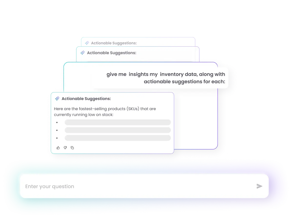 Chat interface showing a request for insights on inventory data with actionable suggestions and a response listing fastest-selling products low on stock.
