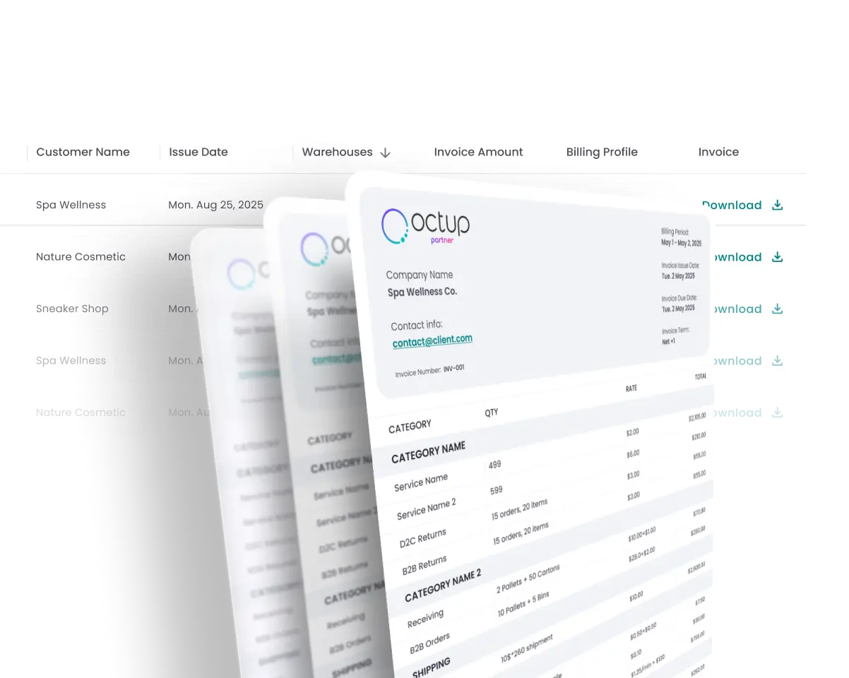 Screenshot of an invoicing interface showing customer names, issue dates, warehouses, invoice amounts, billing profiles, and downloadable invoices, with a detailed invoice preview for Spa Wellness Co.