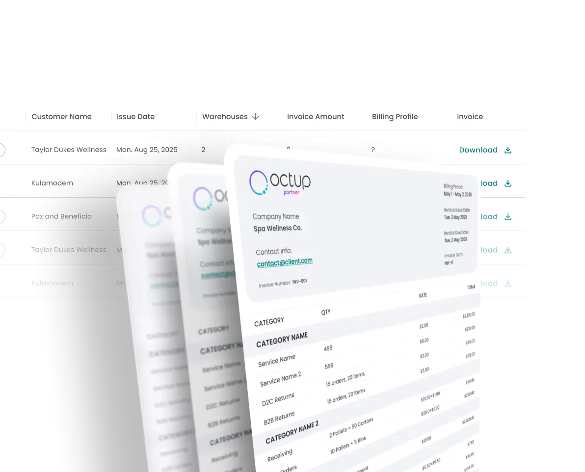 Screen showing multiple digital invoices from Octup partner for Spa Wellness Co., with details including categories, quantities, rates, totals, and downloadable options.