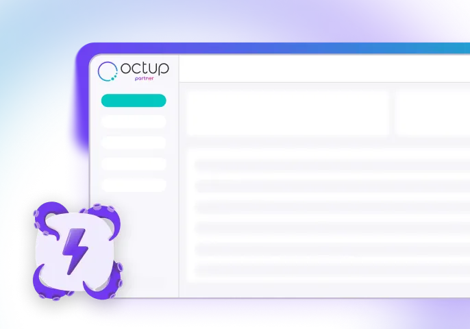 User interface mockup showing a dashboard with a sidebar menu and content area, branded with Octup Partner logo.