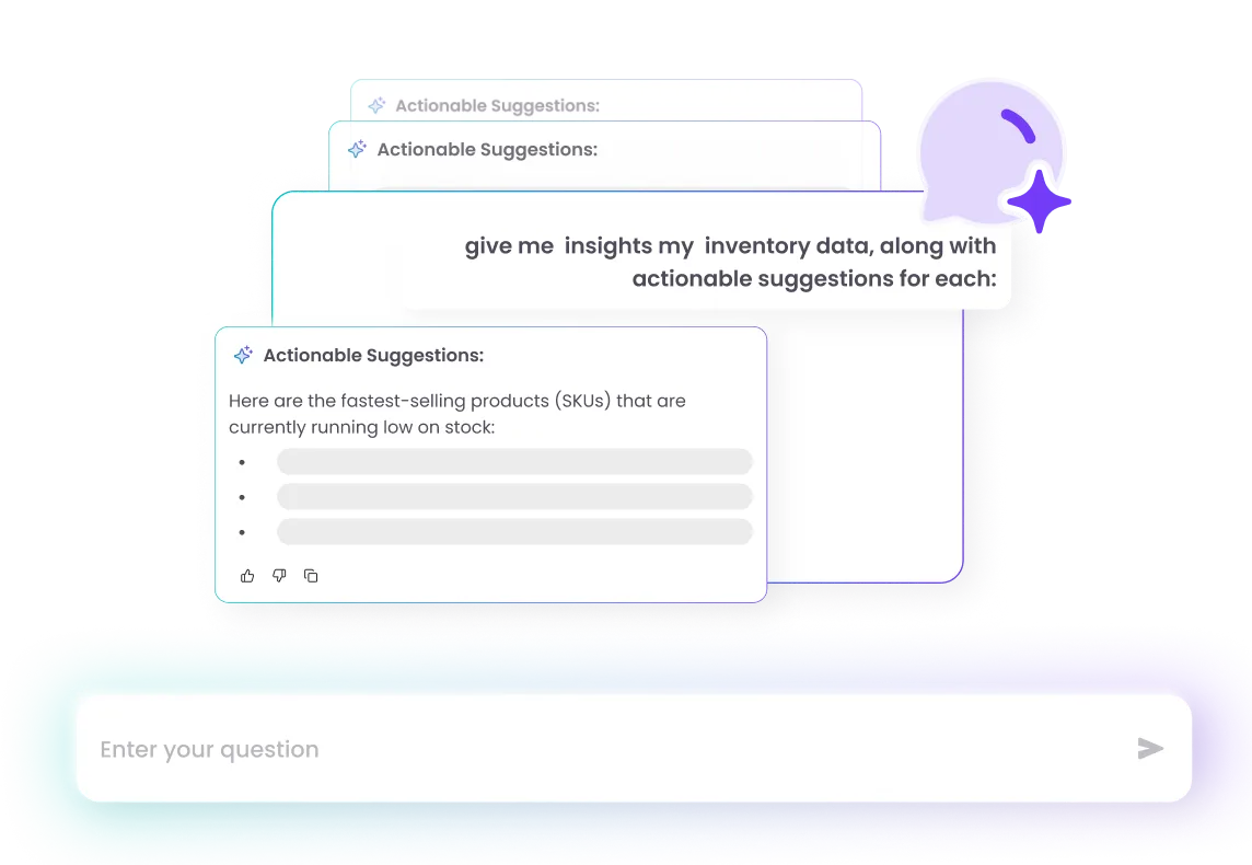 Chat interface showing a user request for inventory insights and AI-generated actionable suggestions about fastest-selling products that are low in stock.