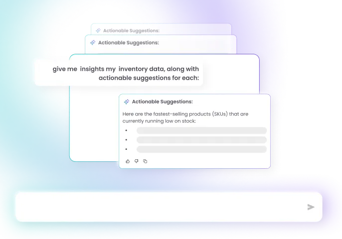 Chat interface showing a user request for inventory insights and AI-generated actionable suggestions about fastest-selling products that are low in stock.
