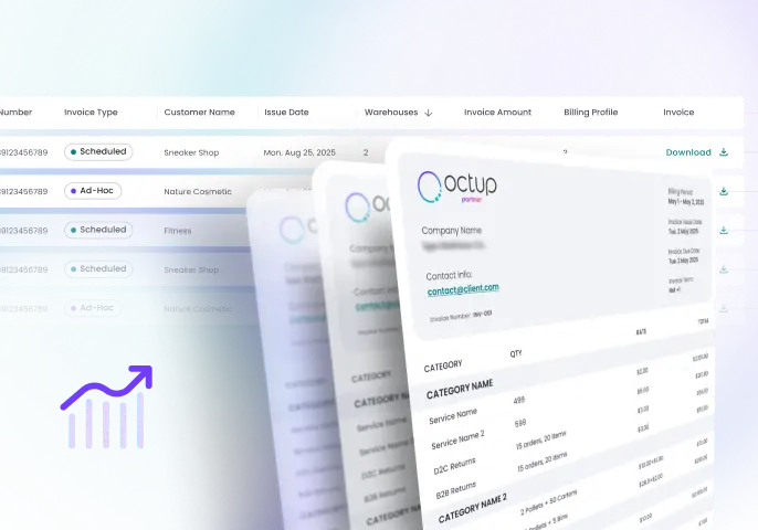 Stacked digital invoices with customer, invoice type, issue date, warehouses, and invoice amount details alongside an upward trending bar chart icon.