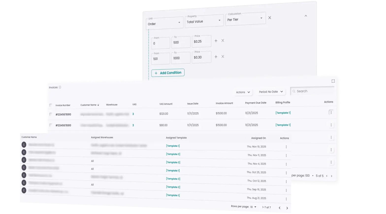 User interface showing billing automation software with pricing tiers, invoice list, and assigned templates for customers and warehouses.