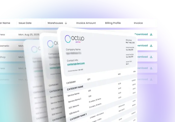 Stacked invoice documents with company info, itemized categories, quantities, rates, totals, and download options visible in the background table.