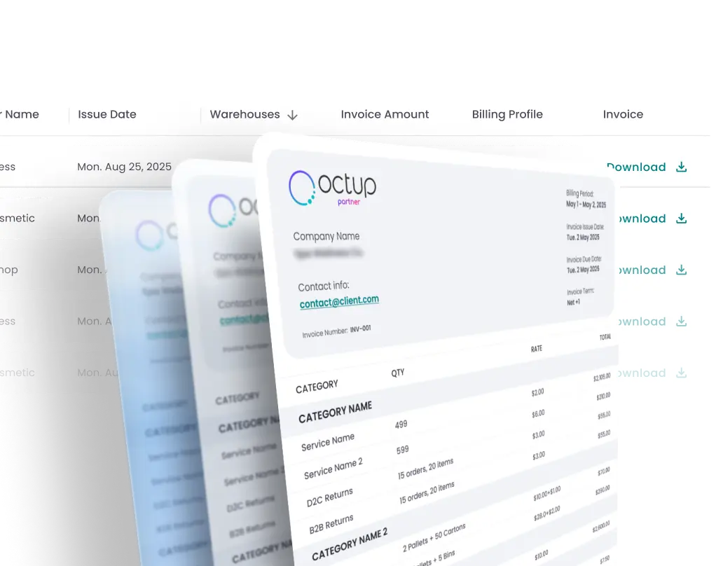 Stacked invoice documents with company info, itemized categories, quantities, rates, totals, and download options visible in the background table.
