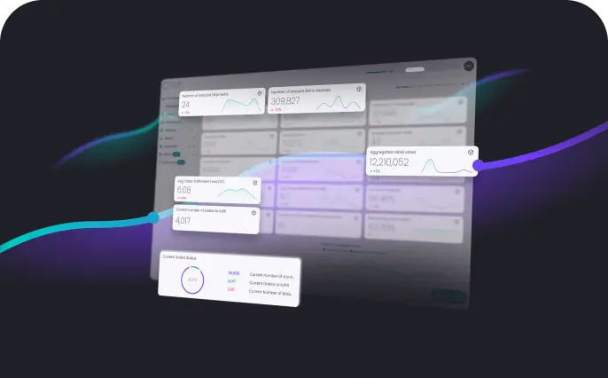 Dashboard interface displaying various metrics such as inbound shipments, orders received, retail value, and order fulfillment with colorful data lines on a dark background.