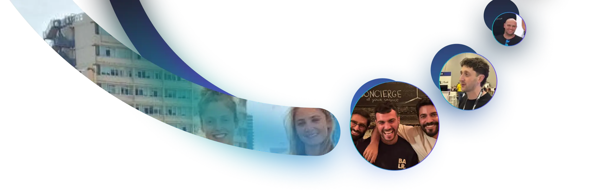 Collage of smiling people in circular frames with a blue wave design and an urban background.