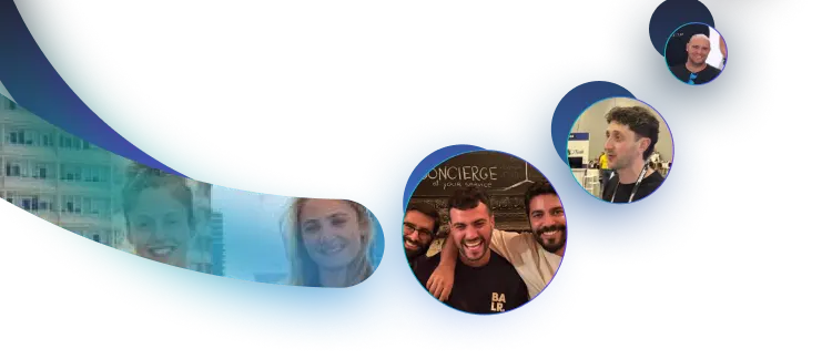 Collage of smiling people in circular frames with a blue wave design and an urban background.