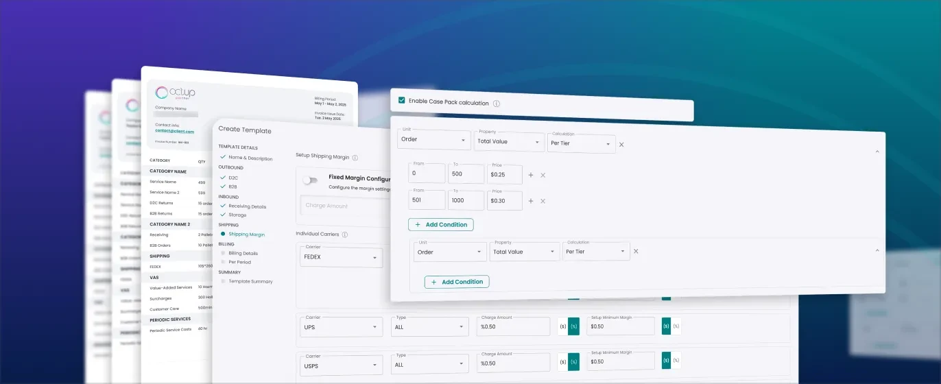 Dashboard interface showing shipping margin settings with carrier options and tiered price conditions on a blue gradient background.