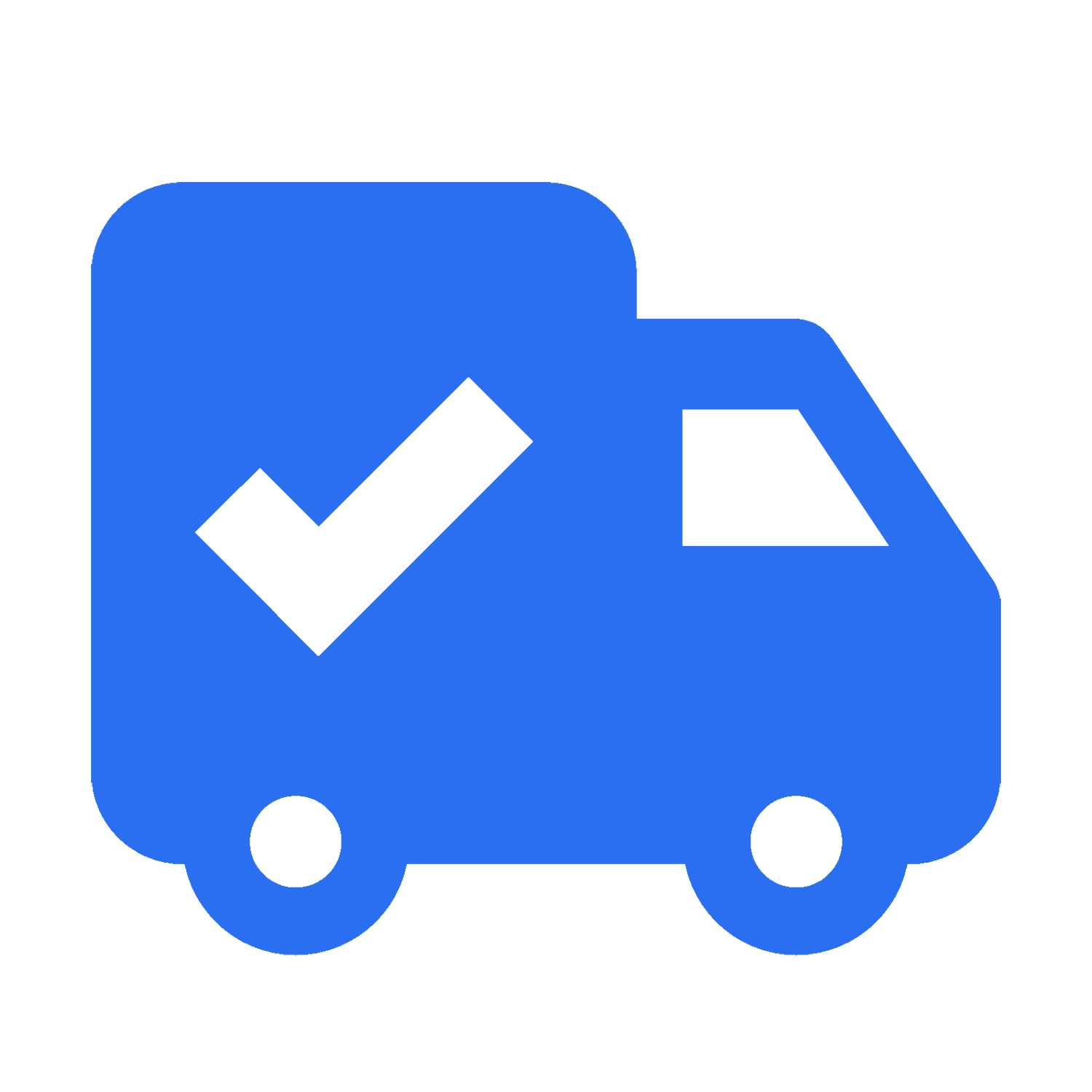 Blue delivery truck icon with a black checkmark on its side symbolizing confirmed delivery.