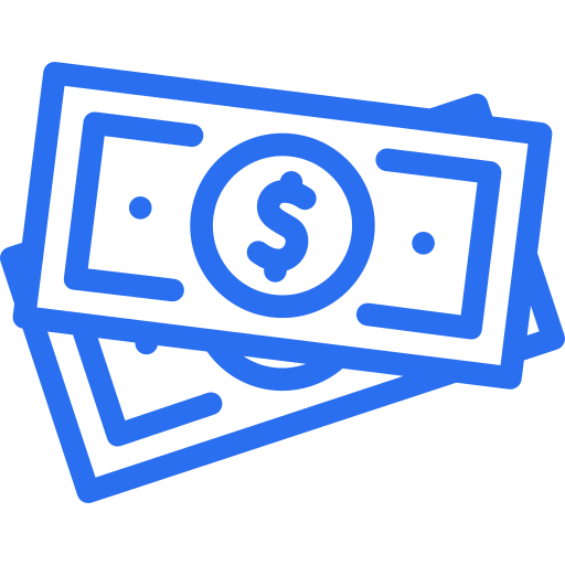 Blue icon of two stacked paper bills with a dollar sign in the center.