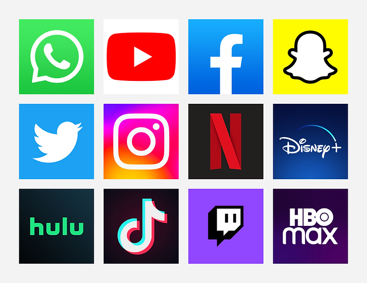 Illustration containing app icons for WhatsApp, YouTube, Facebook, Snapchat, Twitter, Instagram, Netflix, Disney+, Hulu, TikTok, Twitch, and HBO Max