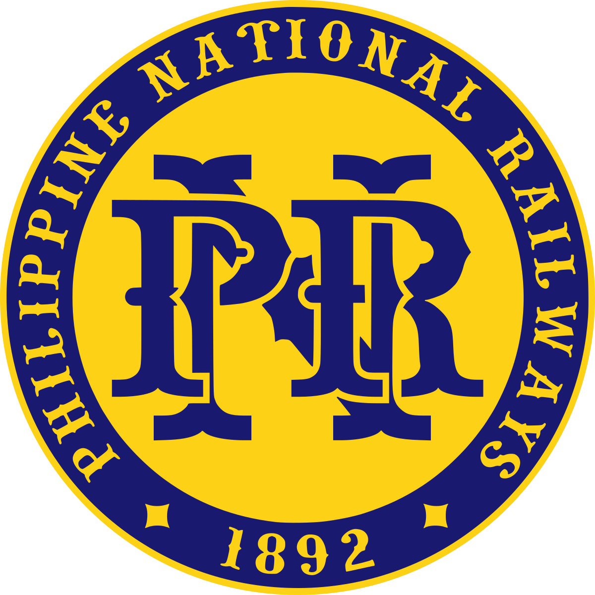 Philippine National Railways circular logo with blue and yellow colors featuring stylized 'PNR' initials and the year 1892.