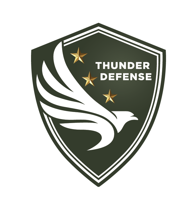 Shield emblem with a stylized white eagle head and three gold stars, with the text 'THUNDER DEFENSE' on a dark green background.