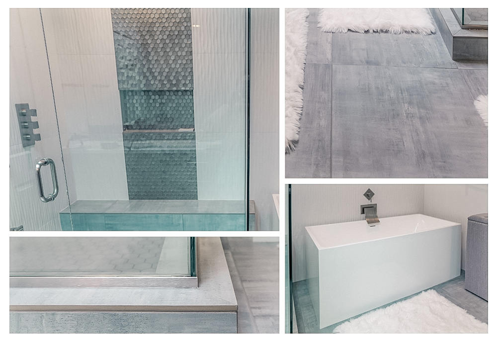 Collage of a modern bathroom featuring a glass shower with textured tile wall, a close-up of the shower frame edge, a white freestanding bathtub, and gray tiled floor with white rugs.