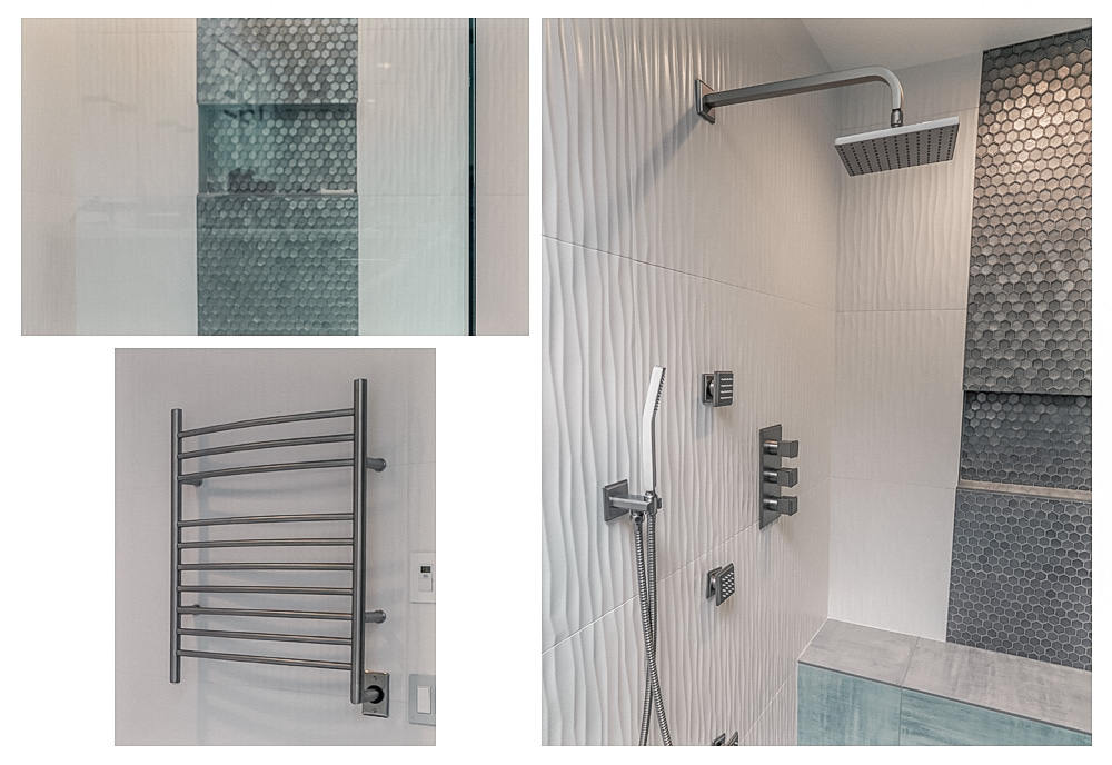Modern bathroom shower area with textured white and dark hexagonal tiles, a square overhead showerhead, handheld shower, multiple controls, and a heated towel rack on a nearby wall.