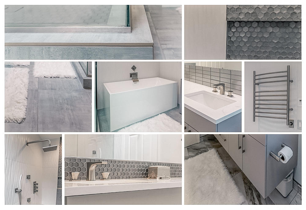 Collage of modern bathroom features including a freestanding bathtub, sink with faucet, textured and hexagonal tile walls, heated towel rack, rain showerhead, and a toilet paper holder on a cabinet.