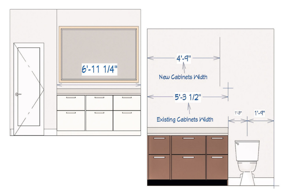 Interior elevation drawing showing cabinet widths and a toilet, with measurements for new cabinets width 4'-9" and existing cabinets width 5'-3 1/2", and a 6'-11 1/4"-wide window above white cabinets.