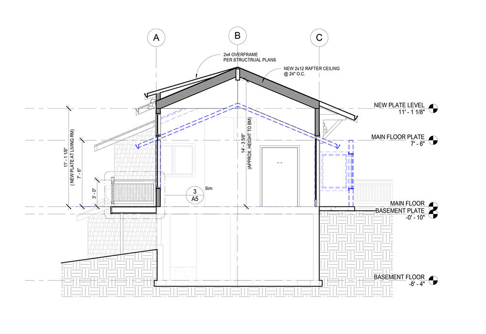 Architectural cross-section of a house showing new plate level at 11 feet 1 1/8 inches, main floor plate at 7 feet 6 inches, main floor basement plate at -0 feet 10 inches, and basement floor at -8 feet 4 inches, with labeled structural elements including 2x4 overframe, 2x12 rafter ceiling, and height approximations.
