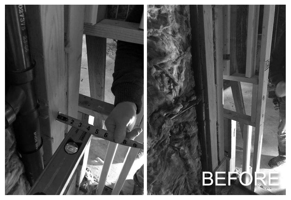 Two black and white photos showing a person measuring wooden framing with a tape measure in a construction site, with exposed insulation and piping visible, labeled 'BEFORE'.