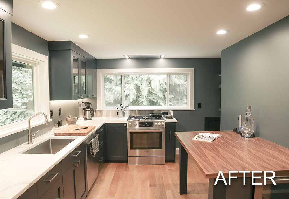 Modern kitchen with dark blue cabinets, stainless steel stove, large window, and wooden floor, labeled 'AFTER'.