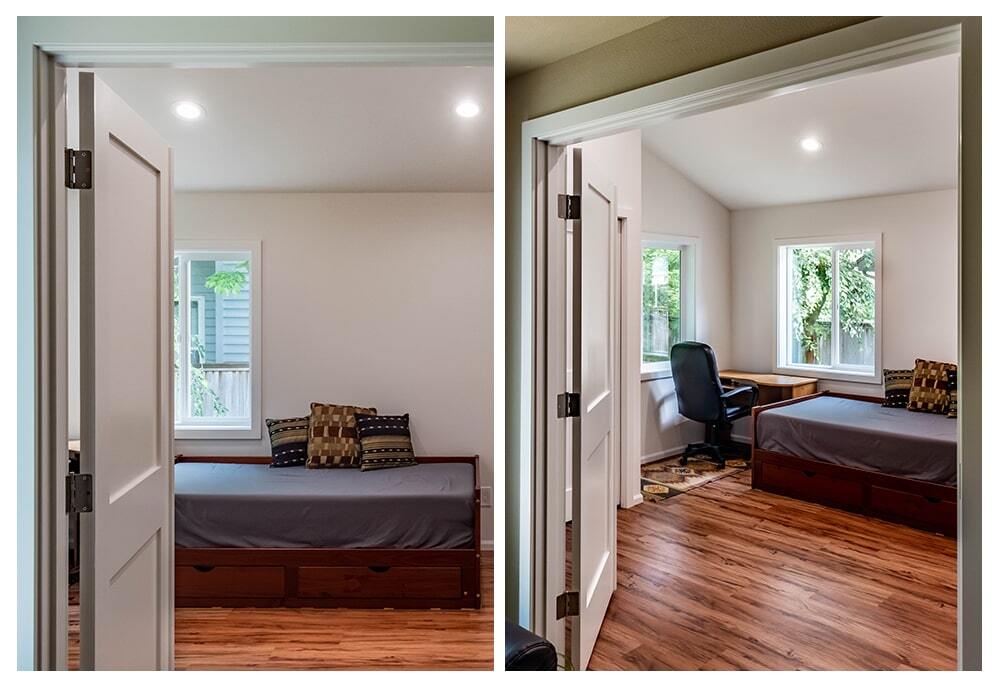 Two views of a simple bedroom with wooden floor, a bed with gray bedding and patterned pillows, a window showing green foliage, and a wooden desk with a black office chair.