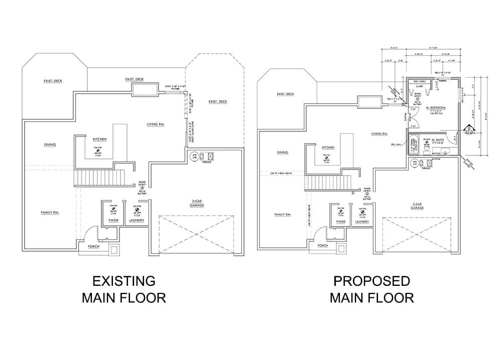 Side-by-side architectural floor plans showing existing and proposed main floors; the proposed plan adds a master bedroom and bathroom in the upper right area of the layout.