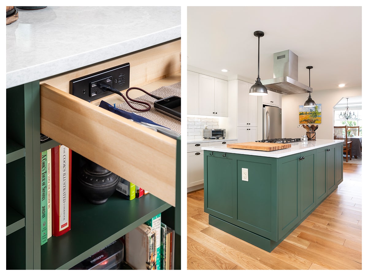 Modern kitchen with green island featuring white countertop, built-in stove, and hidden drawer charging station.