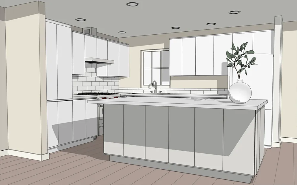 Modern kitchen with white cabinets, an island with a vase of greenery, subway tile backsplash, and hardwood floors.