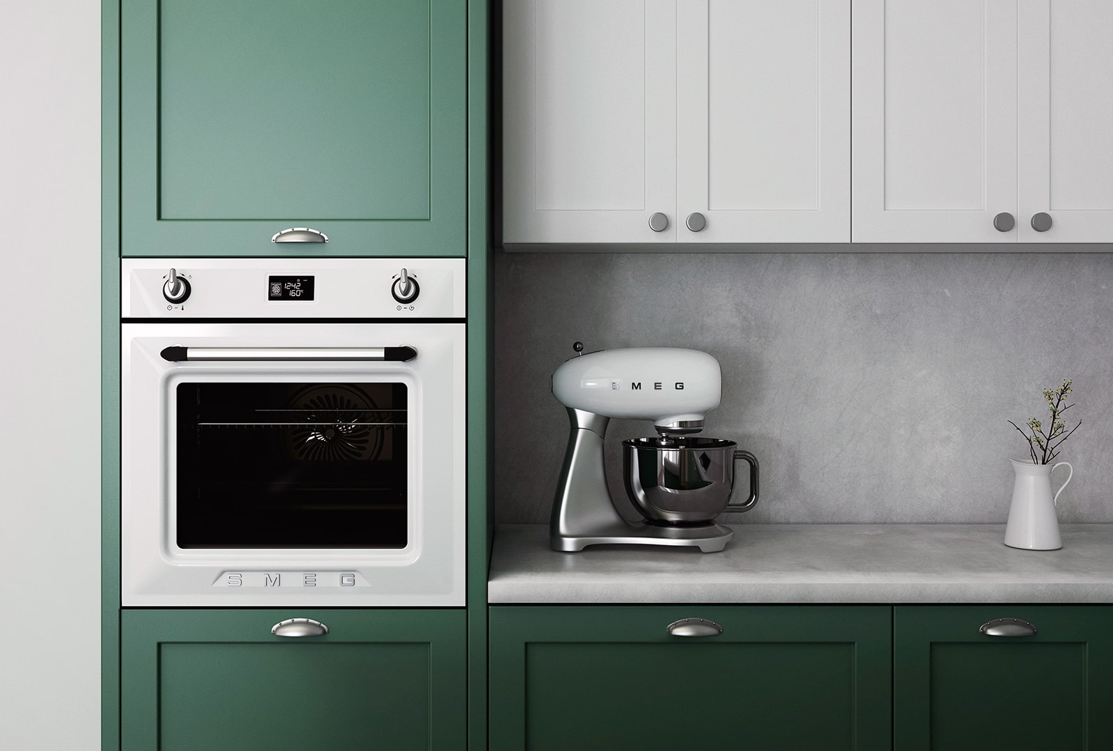 White on Green kitchen cabinets nicely paired with steel appliances.